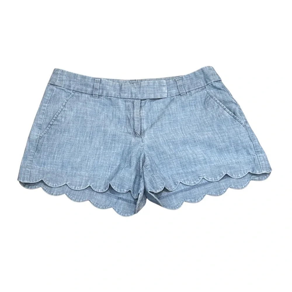 J.Crew Blue Chambray Scalloped Hem Chino Shorts Womens 4 Light Indigo Cotton